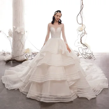 Luxe Champagne Transparentes Robe De Mariée 2019 Princesse Encolure Dégagée 3 4 Manches Dos Nu Fait Main Perlage Cathedral Train Volants En Cascade