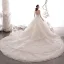 Luxus / Herrlich Champagner Durchsichtige Brautkleider / Hochzeitskleider 2019 A Linie Rundhalsausschnitt 3/4 Ärmel Rückenfreies Handgefertigt Perlenstickerei Kathedrale Schleppe Fallende Rüsche