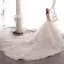 Luxus / Herrlich Champagner Durchsichtige Brautkleider / Hochzeitskleider 2019 A Linie Rundhalsausschnitt 3/4 Ärmel Rückenfreies Handgefertigt Perlenstickerei Kathedrale Schleppe Fallende Rüsche