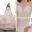 Luxus / Herrlich Champagner Durchsichtige Brautkleider / Hochzeitskleider 2019 A Linie Rundhalsausschnitt 3/4 Ärmel Rückenfreies Handgefertigt Perlenstickerei Kathedrale Schleppe Fallende Rüsche