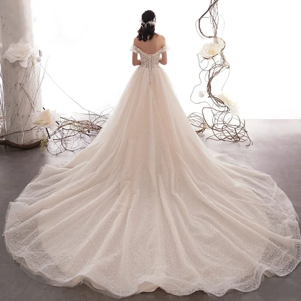 Best Champagne Lace Wedding Dresses 2019 A-Line / Princess Off-The-Shoulder Short Sleeve Backless Beading Glitter Tulle Cathedral Train