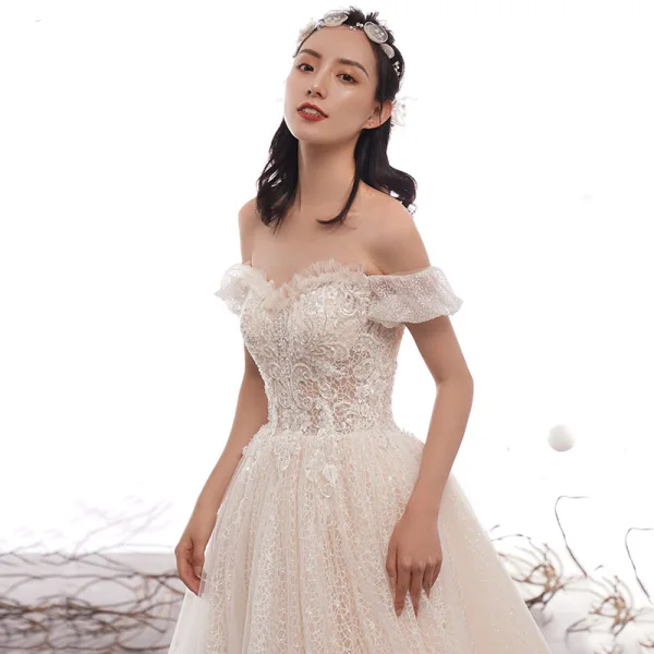 Best Champagne Lace Wedding Dresses 2019 A-Line / Princess Off-The-Shoulder Short Sleeve Backless Beading Glitter Tulle Cathedral Train