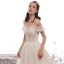 Best Champagne Lace Wedding Dresses 2019 A-Line / Princess Off-The-Shoulder Short Sleeve Backless Beading Glitter Tulle Cathedral Train
