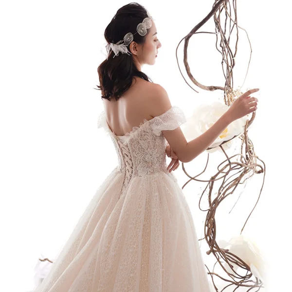 Best Champagne Lace Wedding Dresses 2019 A-Line / Princess Off-The-Shoulder Short Sleeve Backless Beading Glitter Tulle Cathedral Train