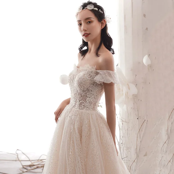 Best Champagne Lace Wedding Dresses 2019 A-Line / Princess Off-The-Shoulder Short Sleeve Backless Beading Glitter Tulle Cathedral Train