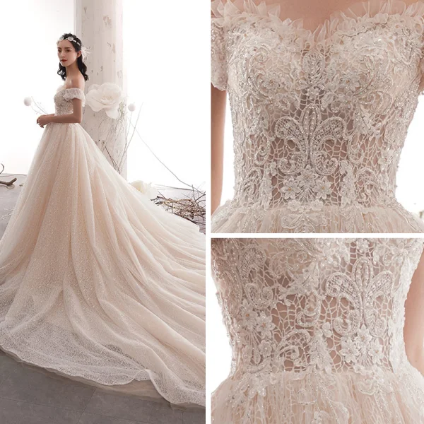 Best Champagne Lace Wedding Dresses 2019 A-Line / Princess Off-The-Shoulder Short Sleeve Backless Beading Glitter Tulle Cathedral Train