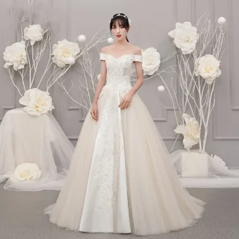 Vintage Originale Champagne Jardin Extérieur Robe De Mariée 2019 Princesse De L 039 Épaule Manches Courtes Dos Nu Appliques En Dentelle Perlage Train De Balayage Volants