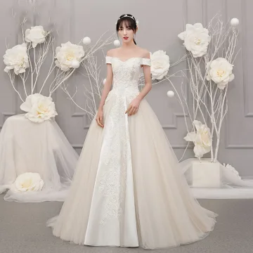 Vintage Originale Champagne Jardin Extérieur Robe De Mariée 2019 Princesse De L 039 Épaule Manches Courtes Dos Nu Appliques En Dentelle Perlage Train De Balayage Volants