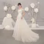 Vintage / Retro Champagne Outdoor / Garden Wedding Dresses 2019 A-Line / Princess Off-The-Shoulder Short Sleeve Backless Appliques Lace Beading Sweep Train Ruffle