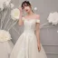 Vintage / Retro Champagne Outdoor / Garden Wedding Dresses 2019 A-Line / Princess Off-The-Shoulder Short Sleeve Backless Appliques Lace Beading Sweep Train Ruffle