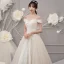 Vintage / Retro Champagne Outdoor / Garden Wedding Dresses 2019 A-Line / Princess Off-The-Shoulder Short Sleeve Backless Appliques Lace Beading Sweep Train Ruffle