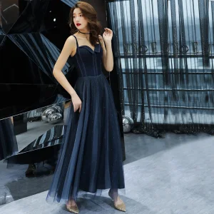 Chic Belle Bleu Marine Robe De Soirée 2019 Princesse Bretelles Spaghetti Sans Manches Glitter Tulle Longueur Cheville Volants Dos Nu Robe De Ceremonie