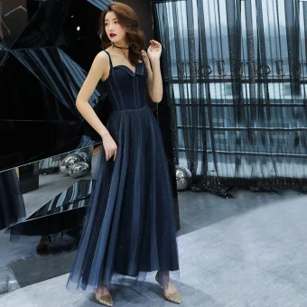 Chic Belle Bleu Marine Robe De Soirée 2019 Princesse Bretelles Spaghetti Sans Manches Glitter Tulle Longueur Cheville Volants Dos Nu Robe De Ceremonie