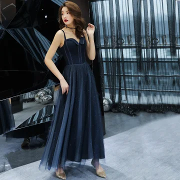 Chic Belle Bleu Marine Robe De Soirée 2019 Princesse Bretelles Spaghetti Sans Manches Glitter Tulle Longueur Cheville Volants Dos Nu Robe De Ceremonie