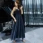 Chic / Belle Bleu Marine Robe De Soirée 2019 Princesse Bretelles Spaghetti Sans Manches Glitter Tulle Longueur Cheville Volants Dos Nu Robe De Ceremonie