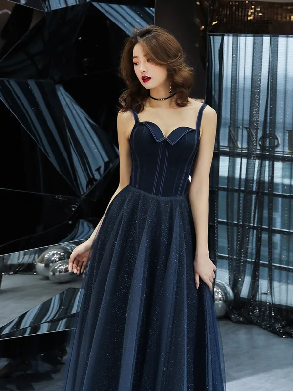 Chic / Belle Bleu Marine Robe De Soirée 2019 Princesse Bretelles Spaghetti Sans Manches Glitter Tulle Longueur Cheville Volants Dos Nu Robe De Ceremonie