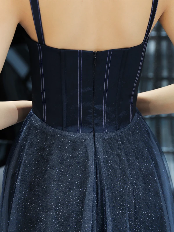 Chic / Belle Bleu Marine Robe De Soirée 2019 Princesse Bretelles Spaghetti Sans Manches Glitter Tulle Longueur Cheville Volants Dos Nu Robe De Ceremonie
