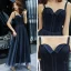Chic / Belle Bleu Marine Robe De Soirée 2019 Princesse Bretelles Spaghetti Sans Manches Glitter Tulle Longueur Cheville Volants Dos Nu Robe De Ceremonie