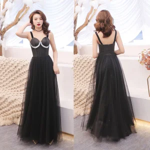 Affordable Black Evening Dresses 2019 A Line Princess Shoulders Sleeveless Floor Length Long Ruffle Backless Formal Dresses