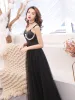 Niedrogie Czarne Sukienki Wieczorowe 2019 Princessa Plecy Bez Rękawów Długie Wzburzyć Bez Pleców Sukienki Wizytowe
