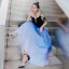 Abordable Bleu Marine Dégradé De Couleur Daim Robe De Soirée 2019 Princesse Col v profond Sans Manches Longue Volants Dos Nu Robe De Ceremonie