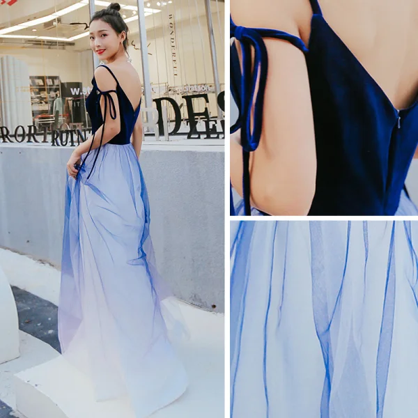 Abordable Bleu Marine Dégradé De Couleur Daim Robe De Soirée 2019 Princesse Col v profond Sans Manches Longue Volants Dos Nu Robe De Ceremonie