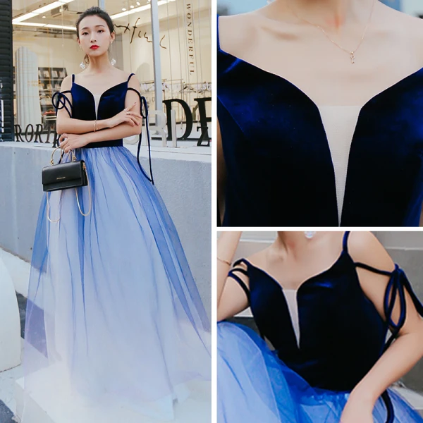 Abordable Bleu Marine Dégradé De Couleur Daim Robe De Soirée 2019 Princesse Col v profond Sans Manches Longue Volants Dos Nu Robe De Ceremonie