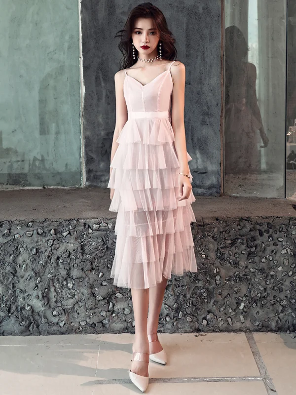 Affordable Pearl Pink Party Dresses 2019 A-Line / Princess Spaghetti Straps Sleeveless Sash Tea-length Cascading Ruffles Backless Formal Dresses