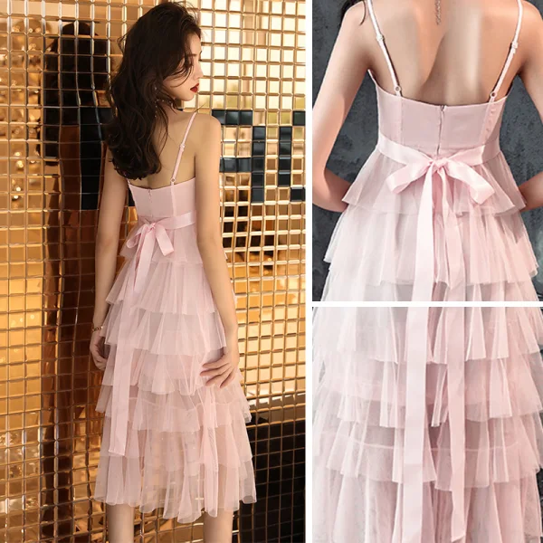Affordable Pearl Pink Party Dresses 2019 A-Line / Princess Spaghetti Straps Sleeveless Sash Tea-length Cascading Ruffles Backless Formal Dresses