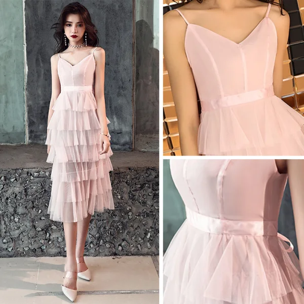 Affordable Pearl Pink Party Dresses 2019 A-Line / Princess Spaghetti Straps Sleeveless Sash Tea-length Cascading Ruffles Backless Formal Dresses