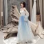 Abordable Bleu Dégradé De Couleur Robe De Soirée 2019 Princesse Bretelles Spaghetti Gonflée Manches Longues Glitter Tulle Longue Volants Dos Nu Robe De Ceremonie