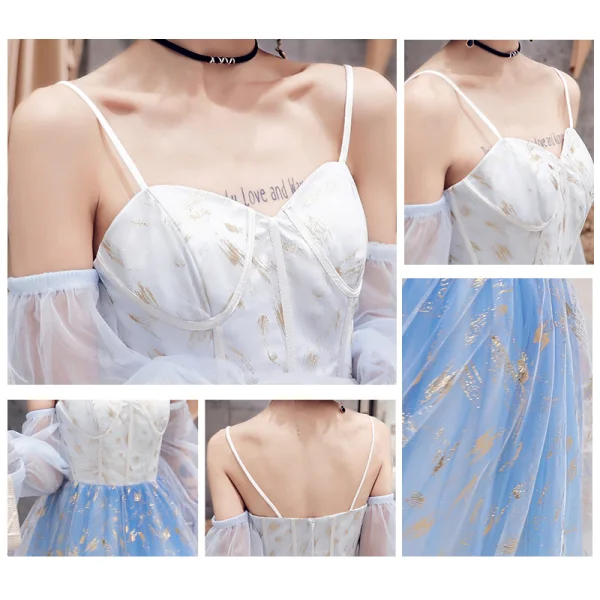 Abordable Bleu Dégradé De Couleur Robe De Soirée 2019 Princesse Bretelles Spaghetti Gonflée Manches Longues Glitter Tulle Longue Volants Dos Nu Robe De Ceremonie