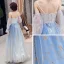 Abordable Bleu Dégradé De Couleur Robe De Soirée 2019 Princesse Bretelles Spaghetti Gonflée Manches Longues Glitter Tulle Longue Volants Dos Nu Robe De Ceremonie