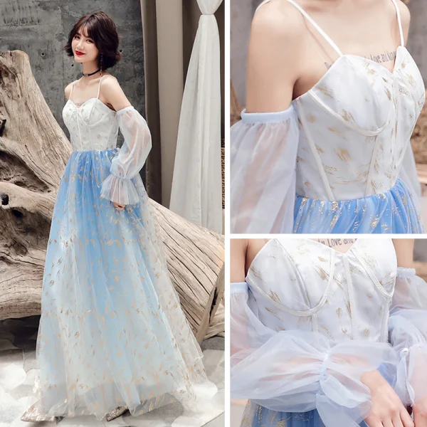 Abordable Bleu Dégradé De Couleur Robe De Soirée 2019 Princesse Bretelles Spaghetti Gonflée Manches Longues Glitter Tulle Longue Volants Dos Nu Robe De Ceremonie
