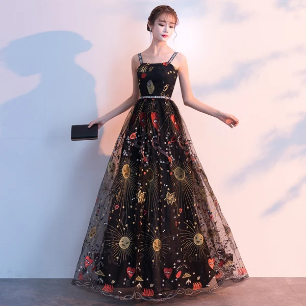 Lovely Black Evening Dresses 2019 A-Line / Princess Spaghetti Straps Sleeveless Cartoon Embroidered Sash Floor-Length / Long Ruffle Backless Formal