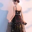 Charmant Noire Robe De Soirée 2019 Princesse Bretelles Spaghetti Sans Manches Dessin animé Brodé Ceinture Longue Volants Dos Nu Robe De Ceremonie