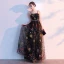 Charmant Noire Robe De Soirée 2019 Princesse Bretelles Spaghetti Sans Manches Dessin animé Brodé Ceinture Longue Volants Dos Nu Robe De Ceremonie