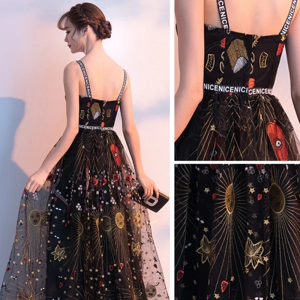 Charmant Noire Robe De Soirée 2019 Princesse Bretelles Spaghetti Sans Manches Dessin animé Brodé Ceinture Longue Volants Dos Nu Robe De Ceremonie