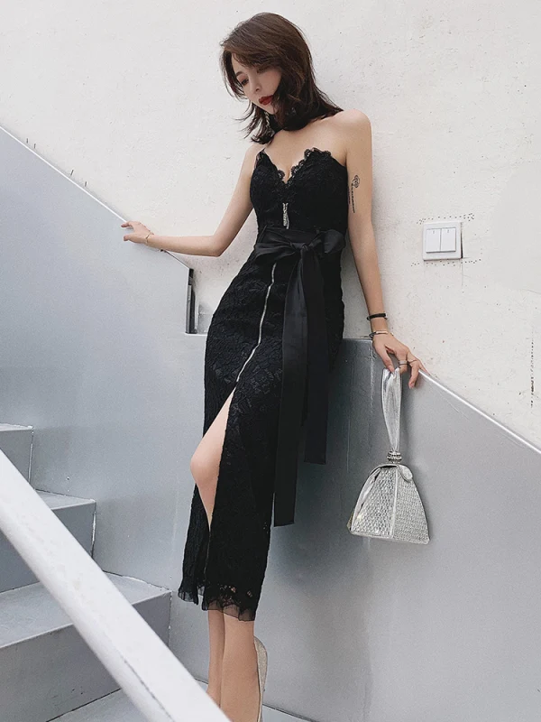 Sexy Noire Dentelle Robe De Soirée 2019 Trompette / Sirène Titulaire Sans Manches Ceinture Fendue devant Thé Longueur Dos Nu Robe De Ceremonie