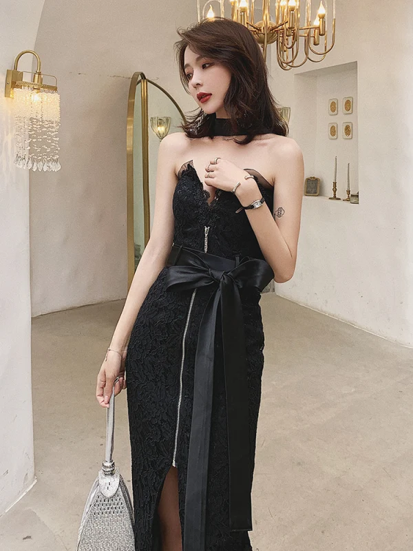 Sexy Noire Dentelle Robe De Soirée 2019 Trompette / Sirène Titulaire Sans Manches Ceinture Fendue devant Thé Longueur Dos Nu Robe De Ceremonie