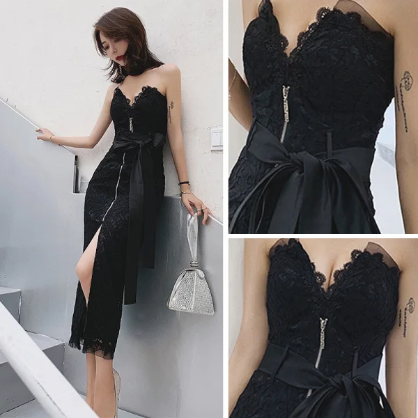 Sexy Noire Dentelle Robe De Soirée 2019 Trompette / Sirène Titulaire Sans Manches Ceinture Fendue devant Thé Longueur Dos Nu Robe De Ceremonie