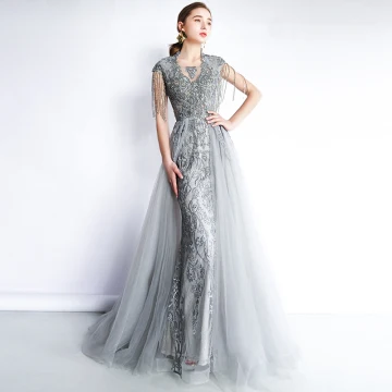 Luxury Gorgeous Grey Evening Dresses 2019 A Line Princess V Neck Sleeveless Beading Tassel Appliques Lace Sweep Train Ruffle Backless Formal Dresses