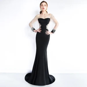 Luxe Noire Transparentes Robe De Soirée 2019 Trompette Sirène Encolure Dégagée Manches Longues Perlage Gland Train De Balayage Robe De Ceremonie