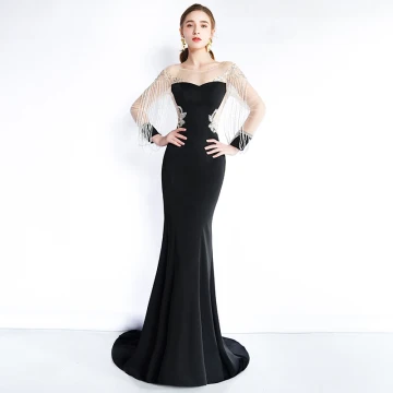 Luxury Gorgeous Black See Through Evening Dresses 2019 Trumpet Mermaid Scoop Neck Long Sleeve Beading Tassel Sweep Train Formal Dresses