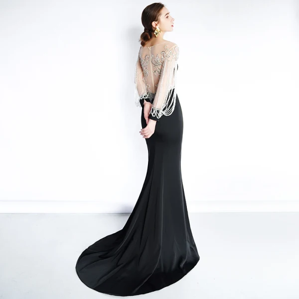 Luxe Noire Transparentes Robe De Soirée 2019 Trompette / Sirène Encolure Dégagée Manches Longues Perlage Gland Train De Balayage Robe De Ceremonie