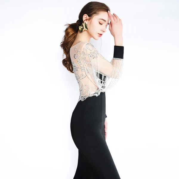 Luxe Noire Transparentes Robe De Soirée 2019 Trompette / Sirène Encolure Dégagée Manches Longues Perlage Gland Train De Balayage Robe De Ceremonie