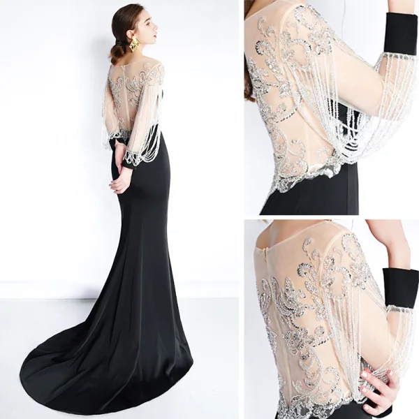 Luxe Noire Transparentes Robe De Soirée 2019 Trompette / Sirène Encolure Dégagée Manches Longues Perlage Gland Train De Balayage Robe De Ceremonie
