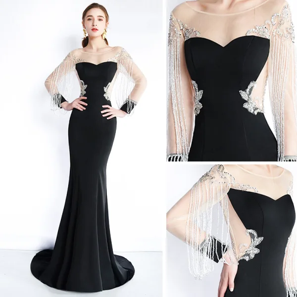 Luxe Noire Transparentes Robe De Soirée 2019 Trompette / Sirène Encolure Dégagée Manches Longues Perlage Gland Train De Balayage Robe De Ceremonie