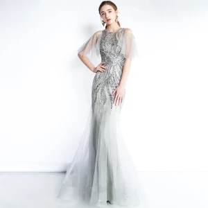 Luxe Gris Transparentes Robe De Soirée 2019 Trompette Sirène Encolure Dégagée 1 2 Manches Paillettes Perlage Longue Volants Robe De Ceremonie