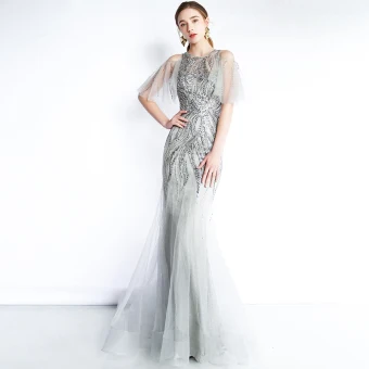 Luxe Gris Transparentes Robe De Soirée 2019 Trompette Sirène Encolure Dégagée 1 2 Manches Paillettes Perlage Longue Volants Robe De Ceremonie